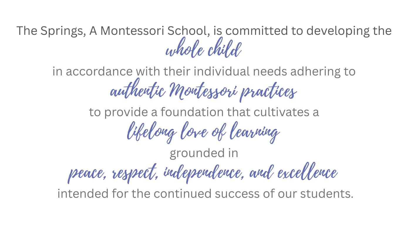 The Springs, A Montessori School, is committed to developing the whole child in accordance with their individual needs adhering to authentic Montessori practices to provide a foundation that cultivates a lifelong love of learning grounded in peace, respect, independence, and excellence intended for the continued success of our students.